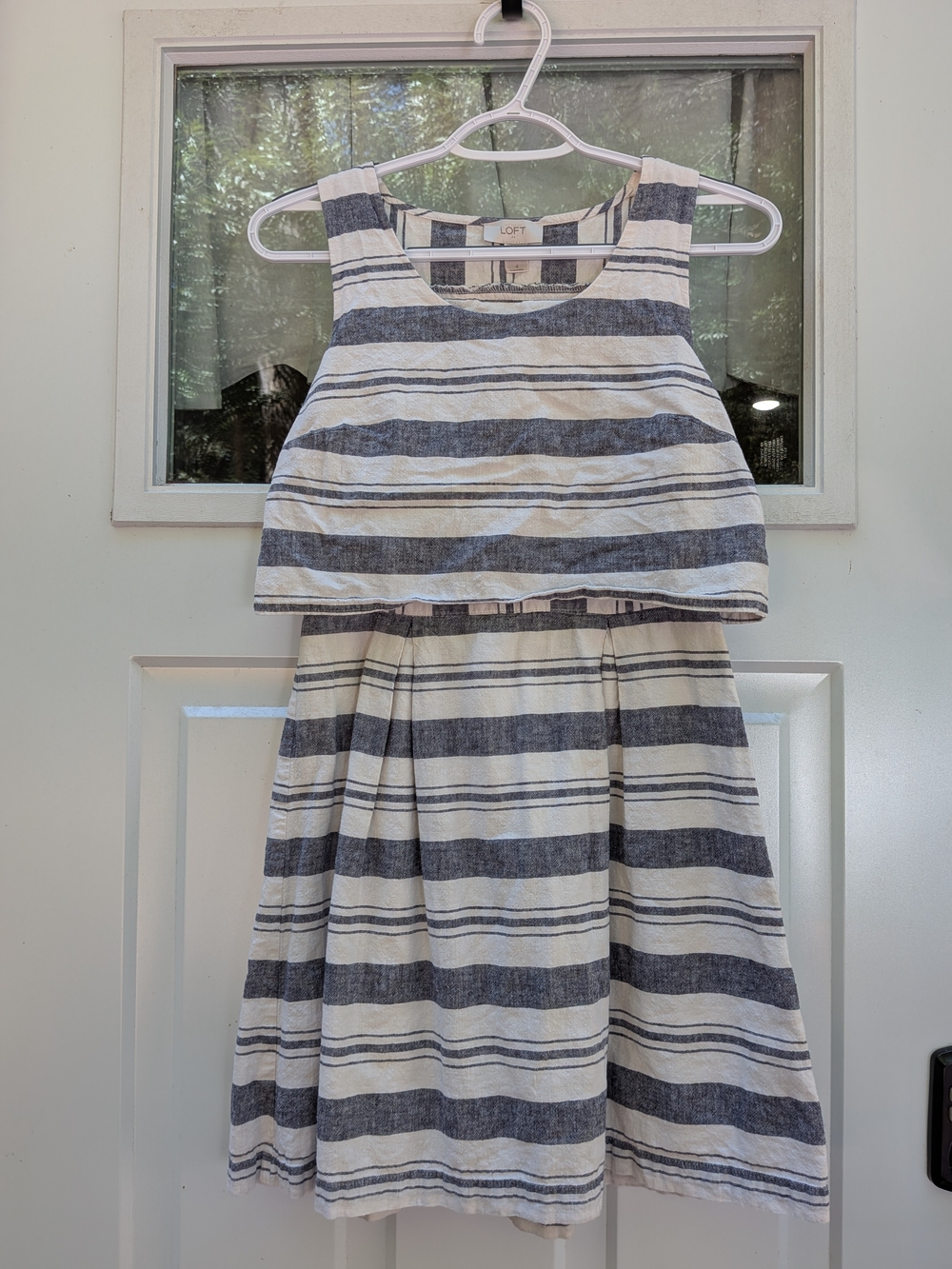 LOFT Women's Navy and White Striped Two-Piece Dress Linen Blend
